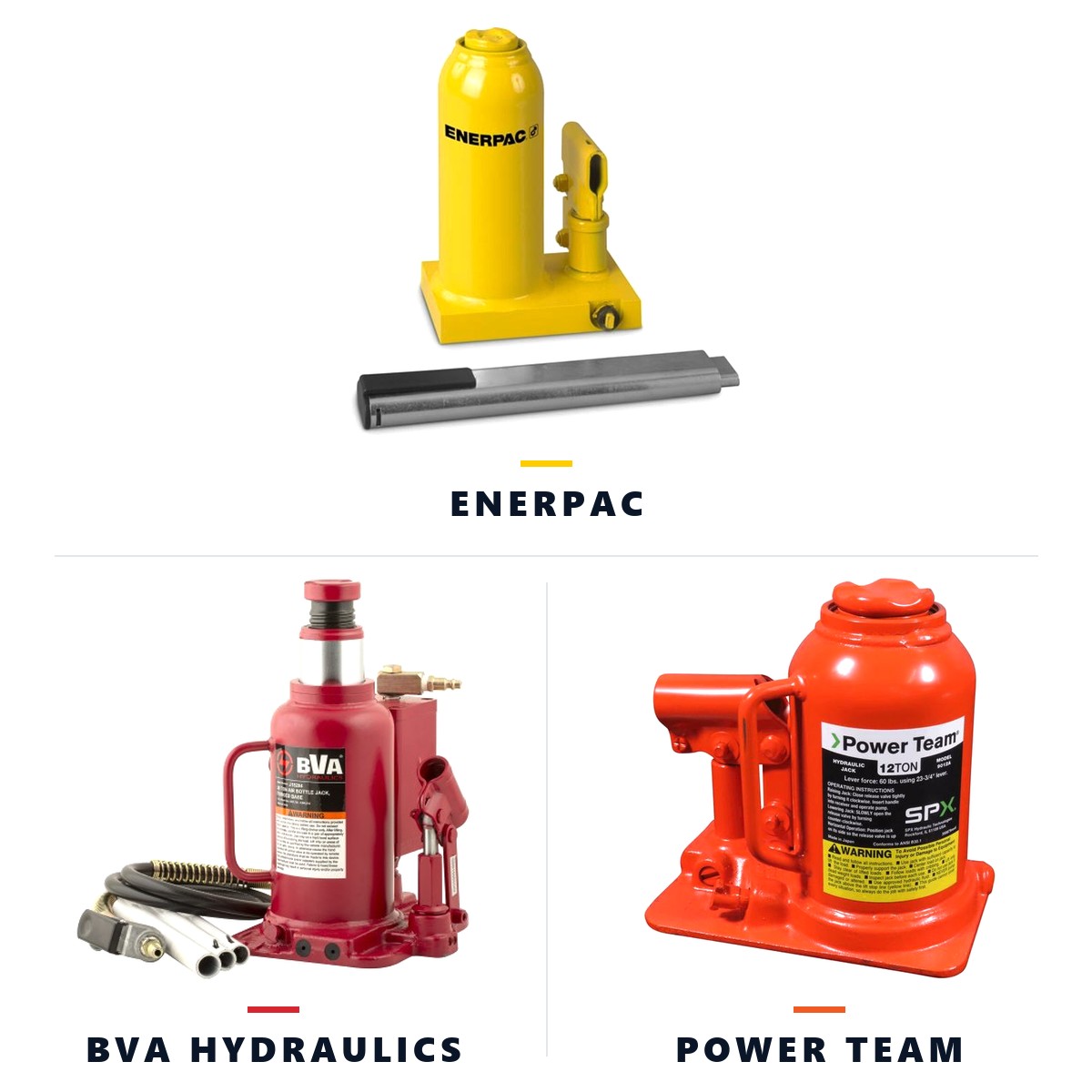Hydraulic bottle jacks from BVA, Enerpac and Power Team